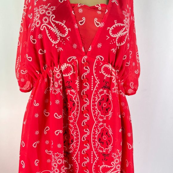 Made With Love Bandana Paisley Dress Womens Size M Red/White Lightweight Lined - Picture 3 of 13